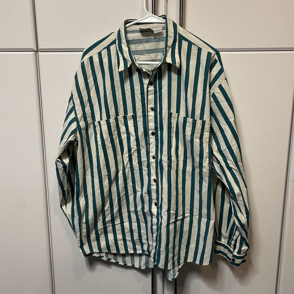 Brittania Mens Long Sleeve Striped Button Down Shirt Teal White Cotton Large